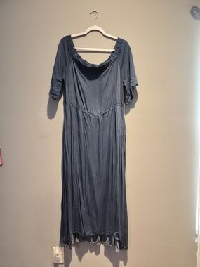 Eloquii Slate Blue Ruffled Scoop Neck Maxi Dress